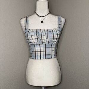 Forever 21 Crop Top Women's Small Blue Plaid Square Neck Smock Back Cottagecore